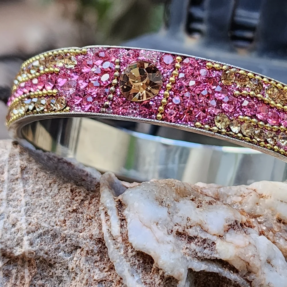 ❤️ Sparkling Hot Pink Crystals Silver Bracelet Wide Indian Bangle jewelry